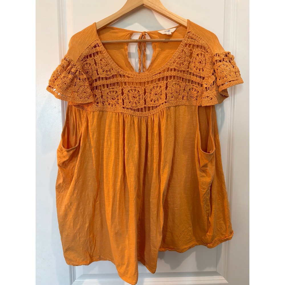 Terra & Sky Orange Crochet Lace Short Sleeve Cotton Top 4X TS24100108088